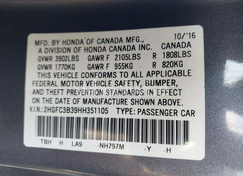 Photo 9 of 2017 Honda Civic EX-T (VIN 2HGFC3B39HH351105)