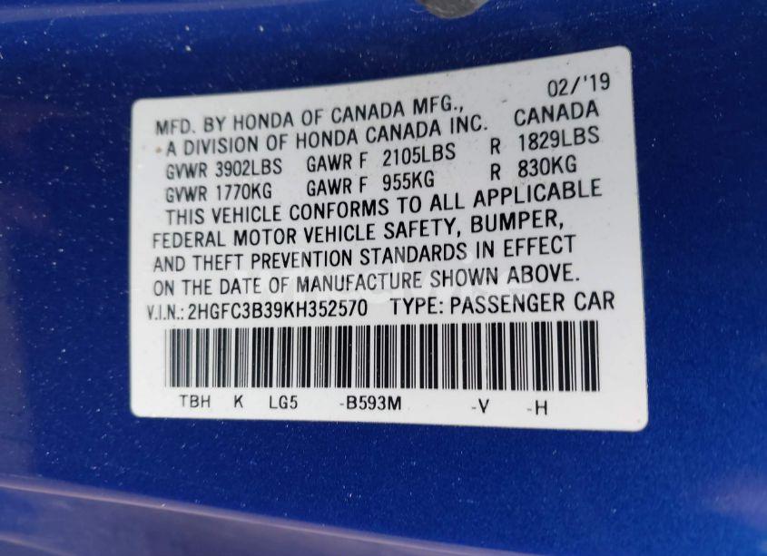 Photo 9 of 2019 Honda Civic EX (VIN 2HGFC3B39KH352570)