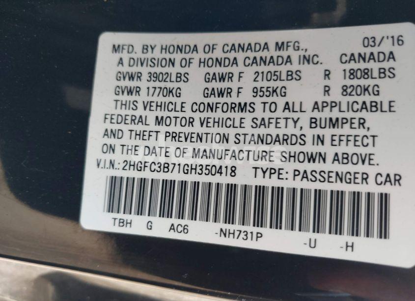 Photo 9 of 2016 Honda Civic EX-L (VIN 2HGFC3B71GH350418)