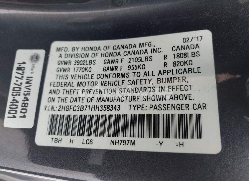 Photo 9 of 2017 Honda Civic EX-L (VIN 2HGFC3B71HH358343)