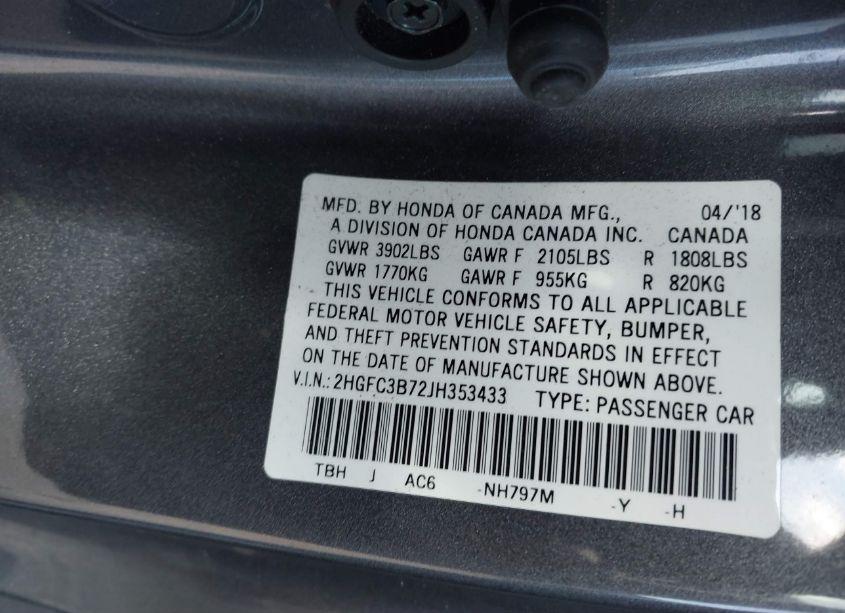 Photo 9 of 2018 Honda Civic EX-L (VIN 2HGFC3B72JH353433)