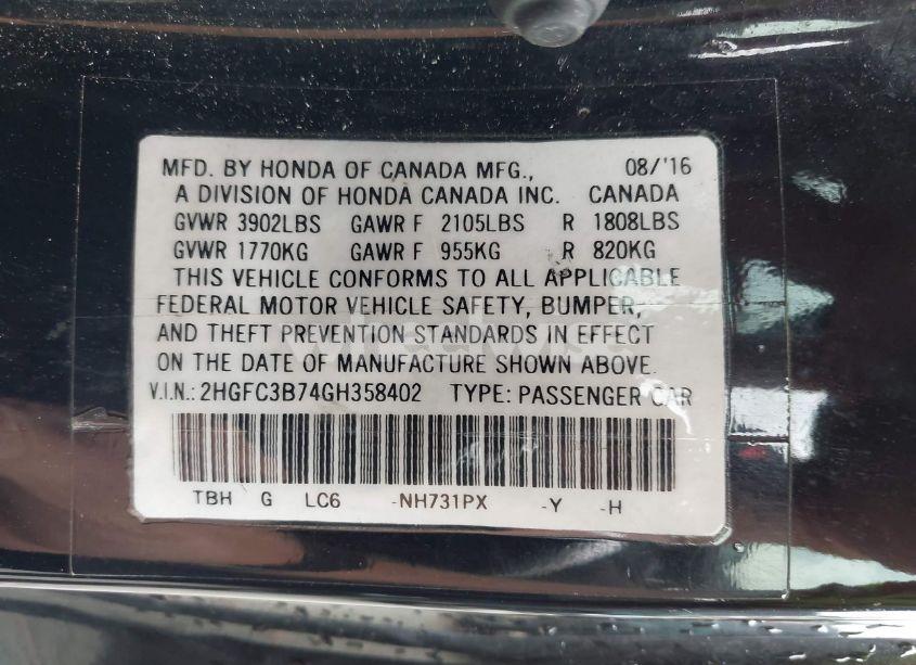 Photo 9 of 2016 Honda Civic EX-L (VIN 2HGFC3B74GH358402)