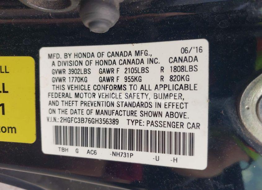 Photo 9 of 2016 Honda Civic EX-L (VIN 2HGFC3B76GH356389)