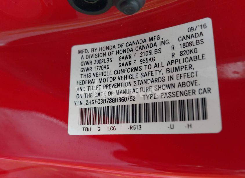 Photo 9 of 2016 Honda Civic EX-L (VIN 2HGFC3B78GH360752)