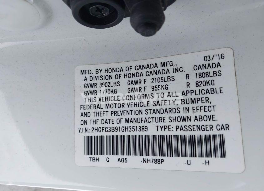 Photo 9 of 2016 Honda Civic TOURING (VIN 2HGFC3B91GH351389)