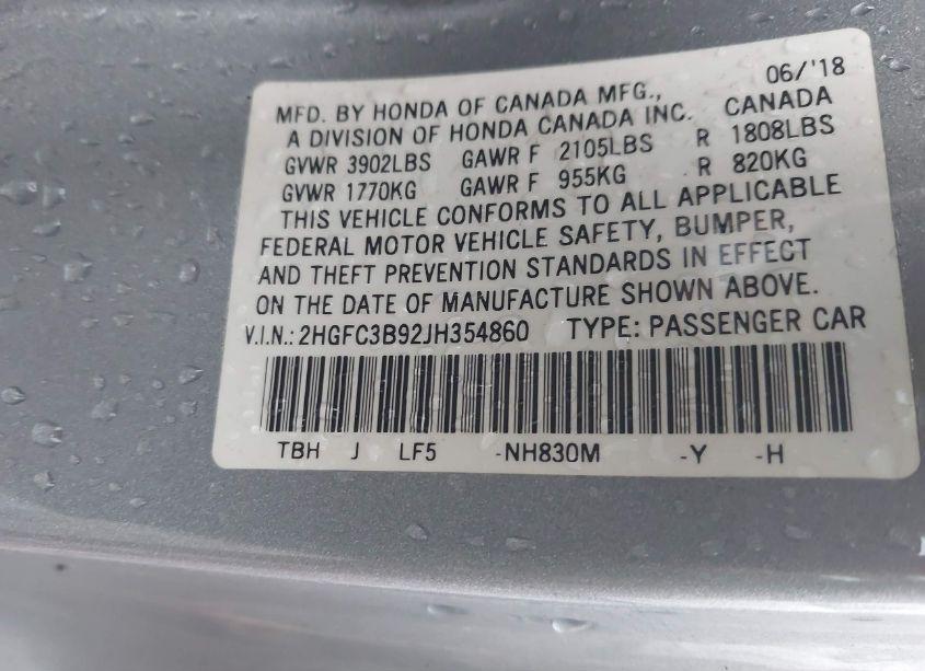 Photo 9 of 2018 Honda Civic TOURING (VIN 2HGFC3B92JH354860)