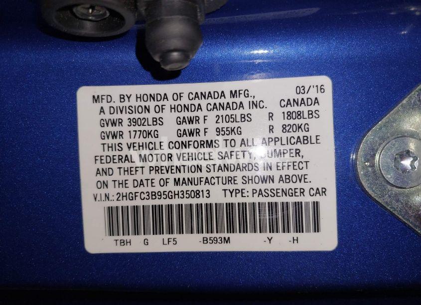 Photo 9 of 2016 Honda Civic TOURING (VIN 2HGFC3B95GH350813)
