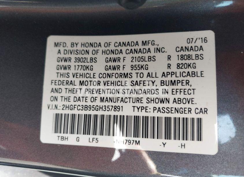 Photo 9 of 2016 Honda Civic TOURING (VIN 2HGFC3B95GH357891)