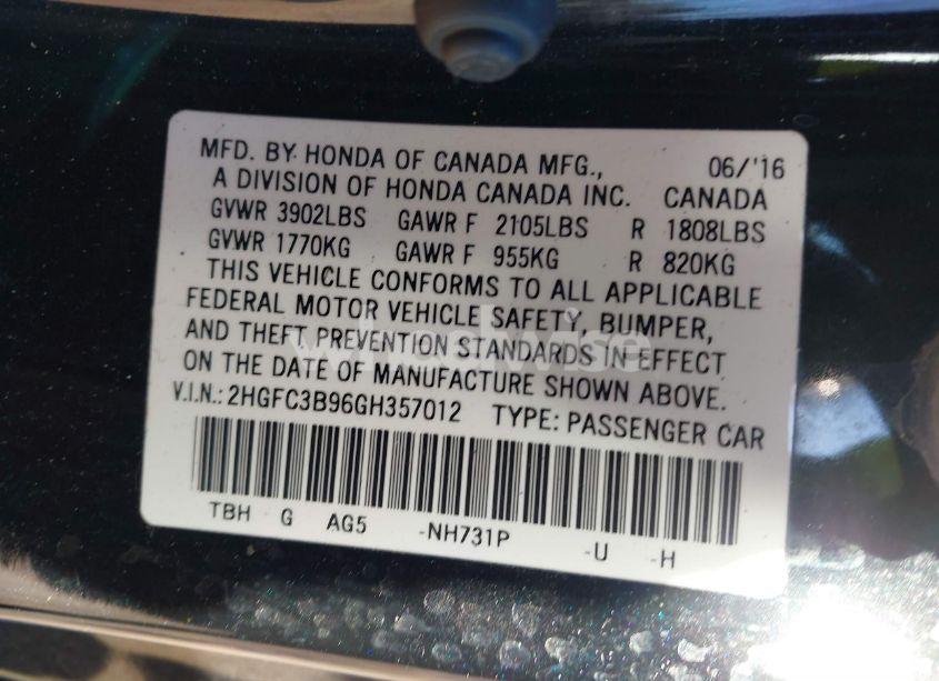 Photo 9 of 2016 Honda Civic TOURING (VIN 2HGFC3B96GH357012)