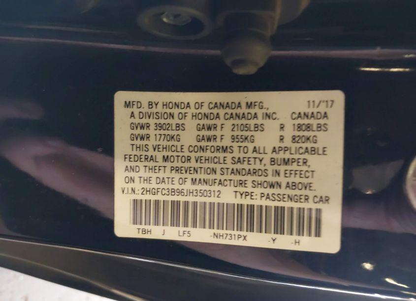 Photo 9 of 2018 Honda Civic TOURING (VIN 2HGFC3B96JH350312)