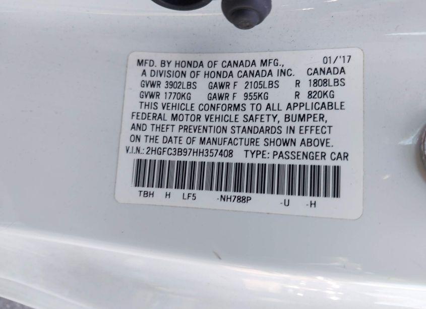Photo 9 of 2017 Honda Civic TOURING (VIN 2HGFC3B97HH357408)