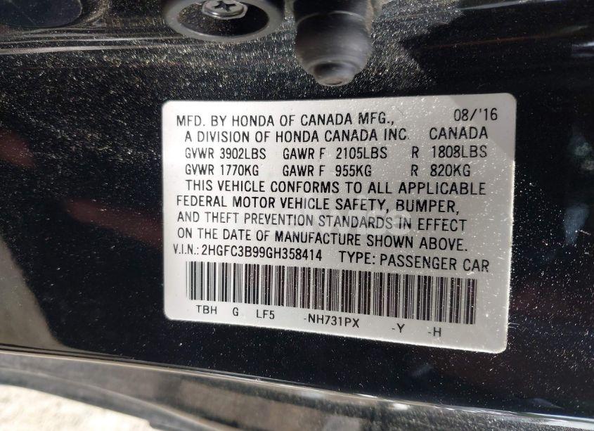 Photo 9 of 2016 Honda Civic TOURING (VIN 2HGFC3B99GH358414)