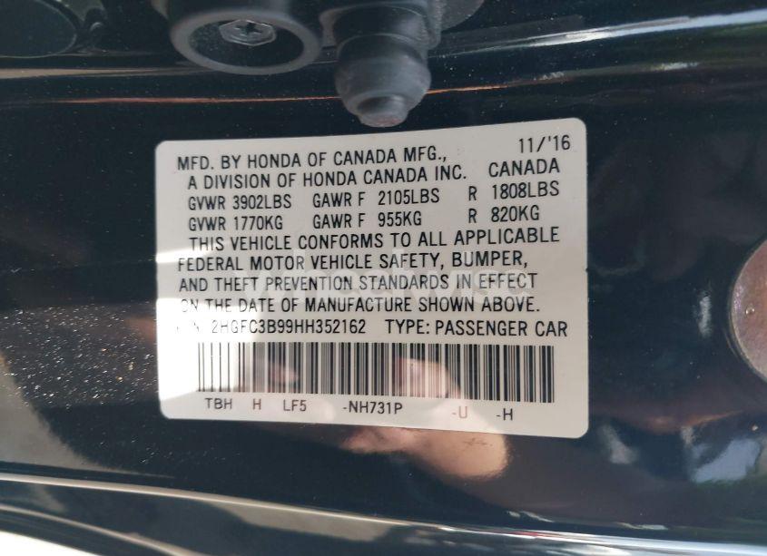 Photo 9 of 2017 Honda Civic TOURING (VIN 2HGFC3B99HH352162)