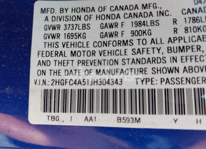 Photo 9 of 2018 Honda Civic LX (VIN 2HGFC4A51JH304343)