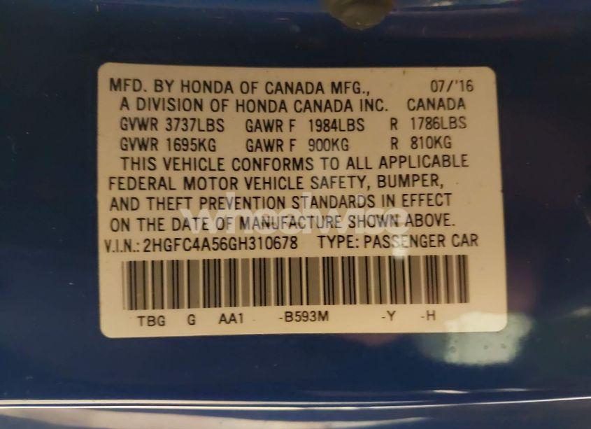 Photo 9 of 2016 Honda Civic LX (VIN 2HGFC4A56GH310678)