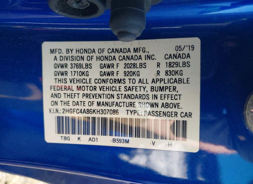 Photo 9 of 2019 Honda Civic SPORT (VIN 2HGFC4A86KH307086)