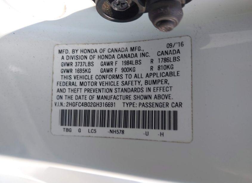 Photo 9 of 2016 Honda Civic LX-P (VIN 2HGFC4B02GH316691)