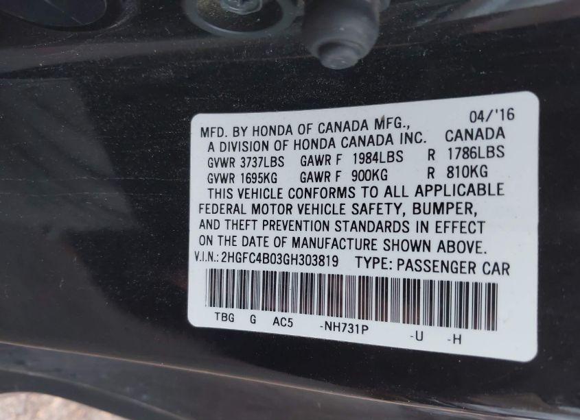 Photo 9 of 2016 Honda Civic LX-P (VIN 2HGFC4B03GH303819)