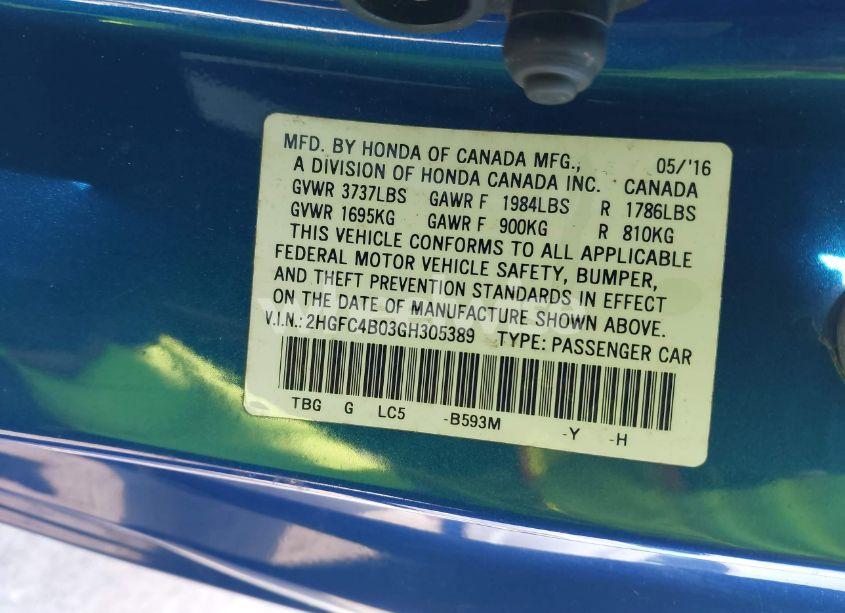 Photo 9 of 2016 Honda Civic LX-P (VIN 2HGFC4B03GH305389)