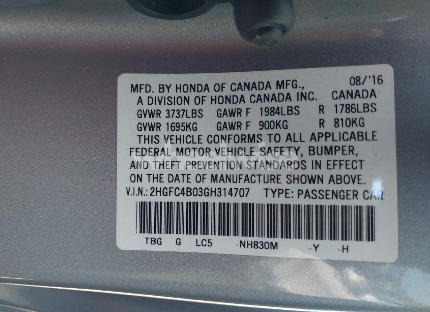 Photo 9 of 2016 Honda Civic LX-P (VIN 2HGFC4B03GH314707)