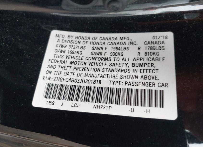 Photo 9 of 2018 Honda Civic LX-P (VIN 2HGFC4B03JH301818)