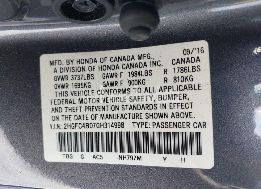 Photo 9 of 2016 Honda Civic LX-P (VIN 2HGFC4B07GH314998)