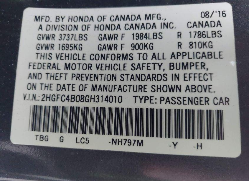Photo 9 of 2016 Honda Civic LX-P (VIN 2HGFC4B08GH314010)