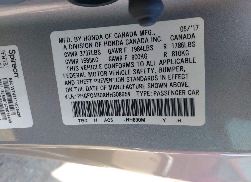 Photo 9 of 2017 Honda Civic LX-P (VIN 2HGFC4B0XHH308954)