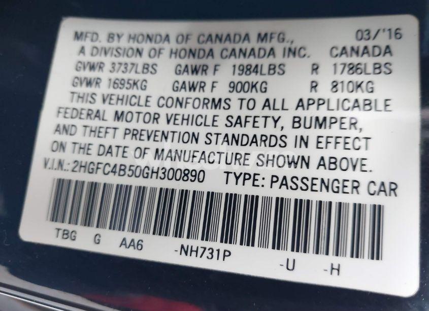 Photo 9 of 2016 Honda Civic LX (VIN 2HGFC4B50GH300890)