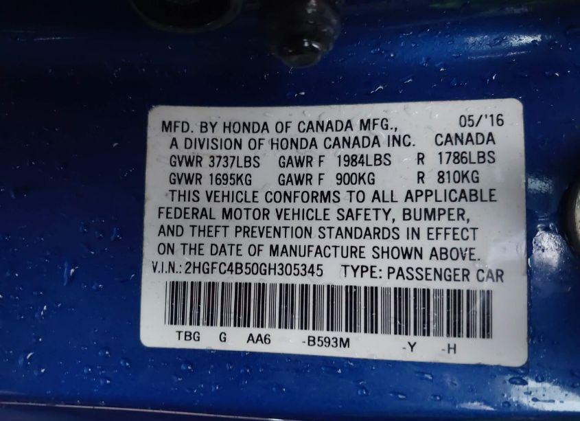 Photo 9 of 2016 Honda Civic LX (VIN 2HGFC4B50GH305345)