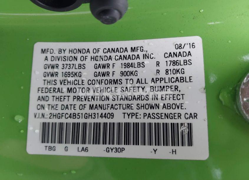 Photo 9 of 2016 Honda Civic LX (VIN 2HGFC4B51GH314409)