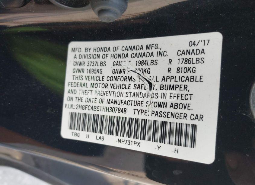 Photo 9 of 2017 Honda Civic LX (VIN 2HGFC4B51HH307848)