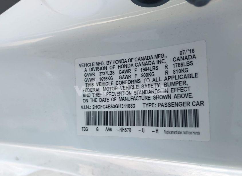 Photo 9 of 2016 Honda Civic LX (VIN 2HGFC4B53GH311883)