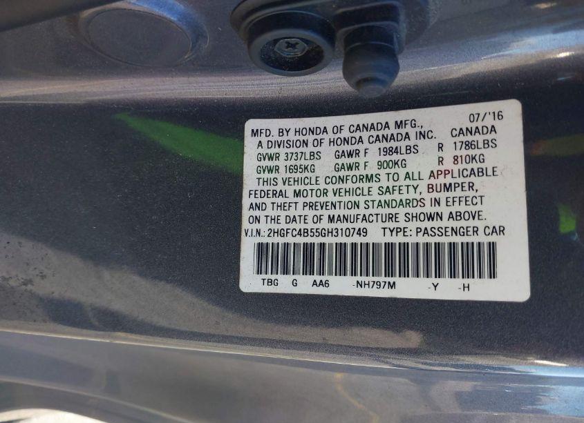 Photo 9 of 2016 Honda Civic LX (VIN 2HGFC4B55GH310749)