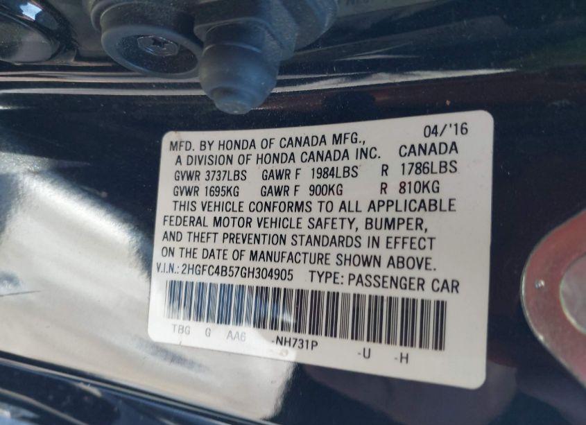 Photo 9 of 2016 Honda Civic LX (VIN 2HGFC4B57GH304905)