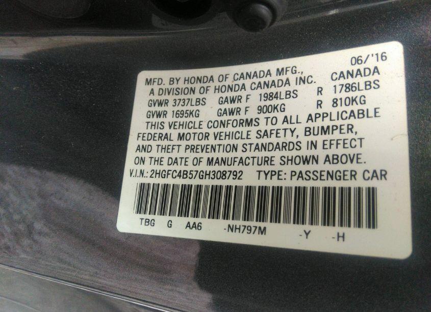 Photo 9 of 2016 Honda Civic LX (VIN 2HGFC4B57GH308792)