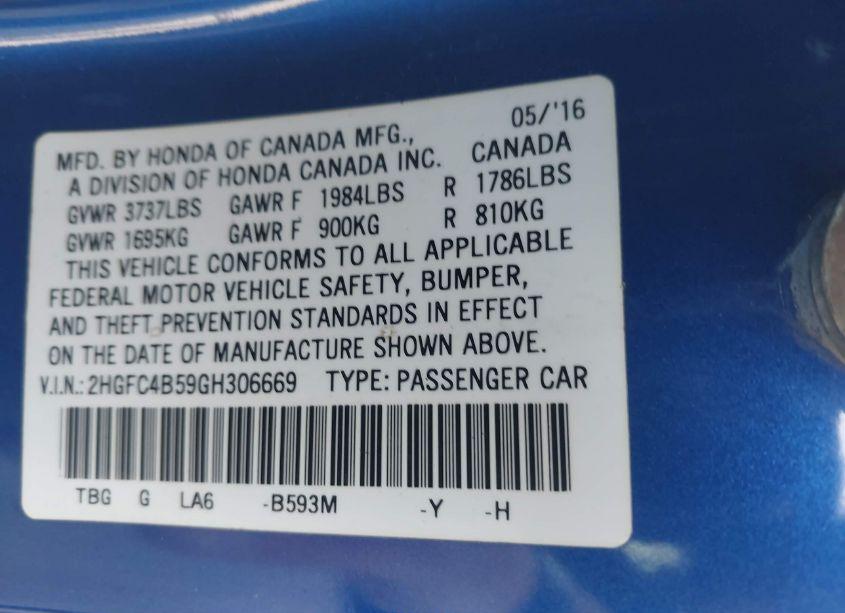 Photo 9 of 2016 Honda Civic LX (VIN 2HGFC4B59GH306669)