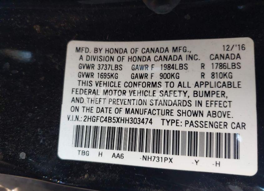 Photo 9 of 2017 Honda Civic LX (VIN 2HGFC4B5XHH303474)