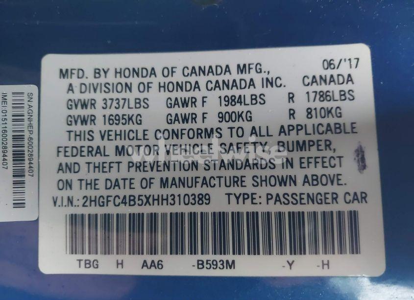 Photo 9 of 2017 Honda Civic LX (VIN 2HGFC4B5XHH310389)