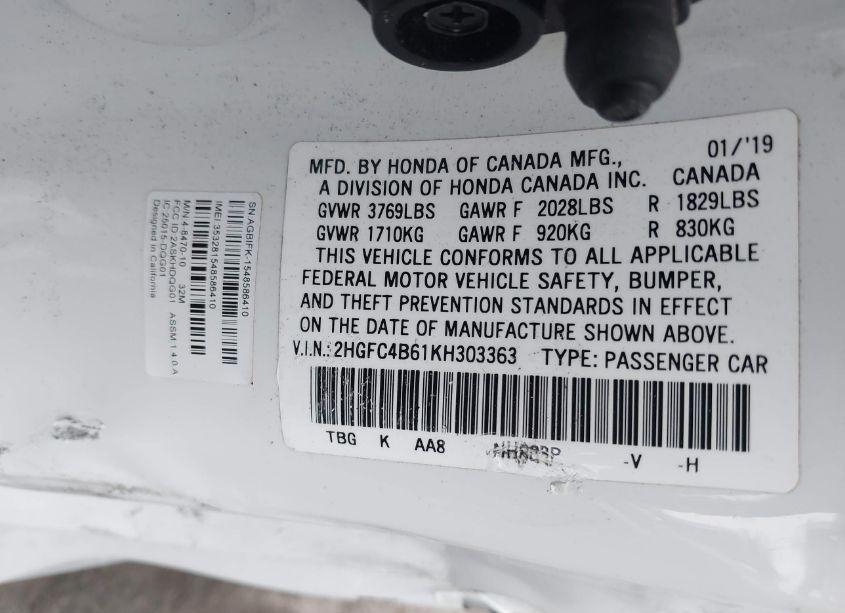 Photo 9 of 2019 Honda Civic LX (VIN 2HGFC4B61KH303363)