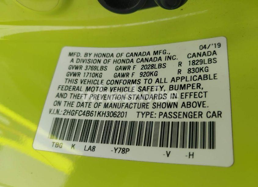 Photo 9 of 2019 Honda Civic LX (VIN 2HGFC4B61KH306201)