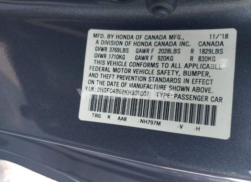 Photo 9 of 2019 Honda Civic LX (VIN 2HGFC4B62KH301007)