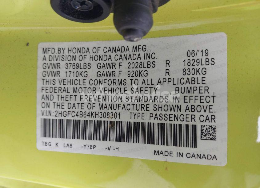 Photo 9 of 2019 Honda Civic LX (VIN 2HGFC4B64KH308301)