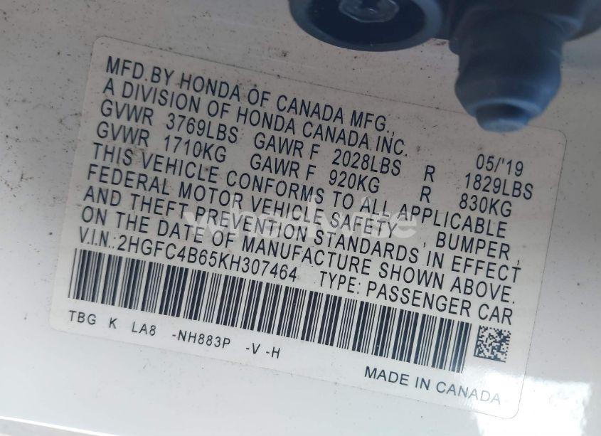 Photo 9 of 2019 Honda Civic LX (VIN 2HGFC4B65KH307464)