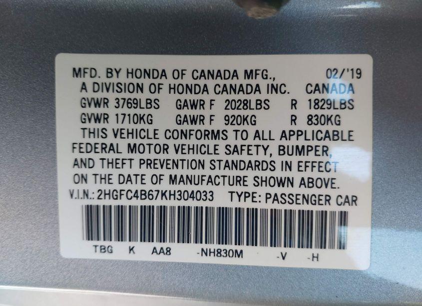 Photo 9 of 2019 Honda Civic LX (VIN 2HGFC4B67KH304033)