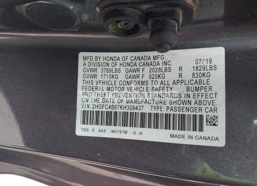 Photo 9 of 2019 Honda Civic LX (VIN 2HGFC4B67KH308437)