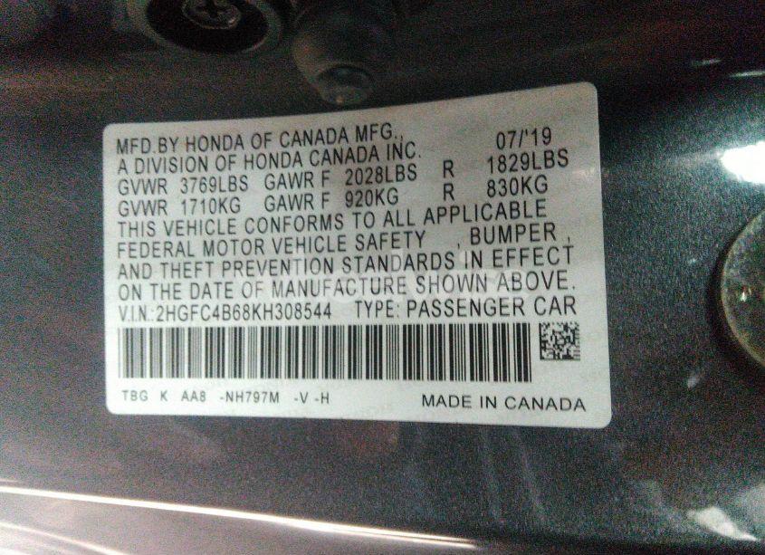 Photo 9 of 2019 Honda Civic LX (VIN 2HGFC4B68KH308544)