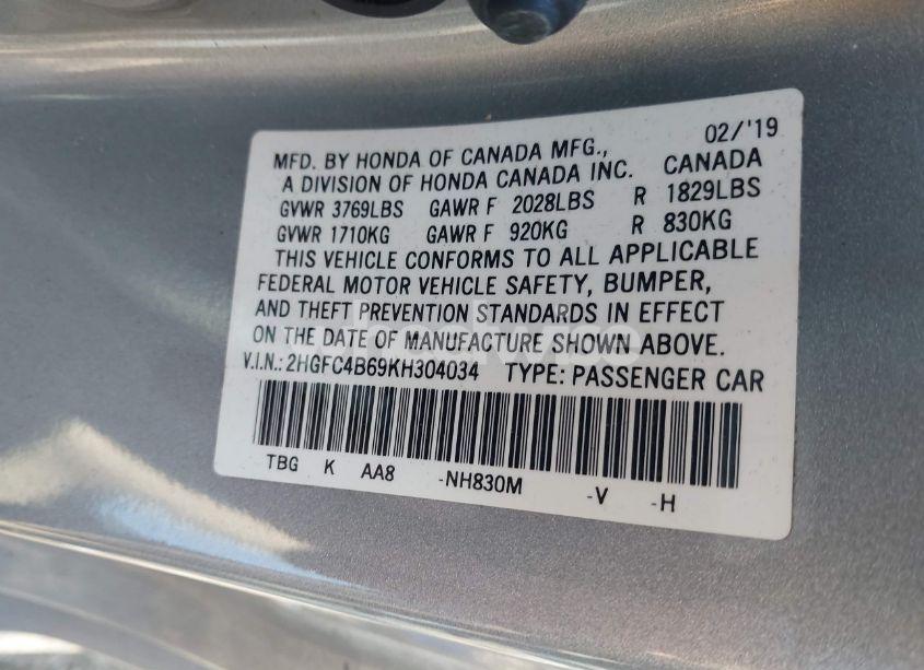 Photo 9 of 2019 Honda Civic LX (VIN 2HGFC4B69KH304034)