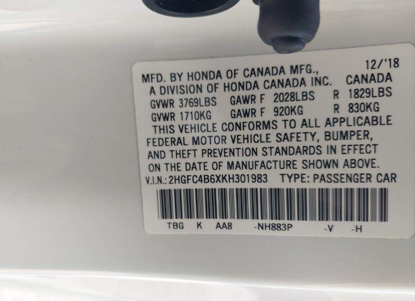 Photo 9 of 2019 Honda Civic LX (VIN 2HGFC4B6XKH301983)