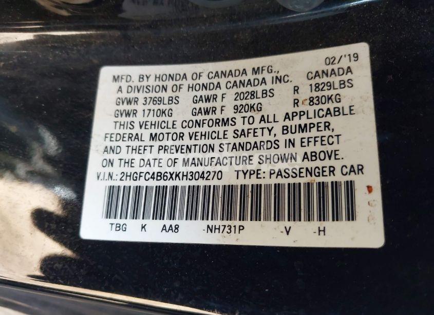 Photo 9 of 2019 Honda Civic LX (VIN 2HGFC4B6XKH304270)